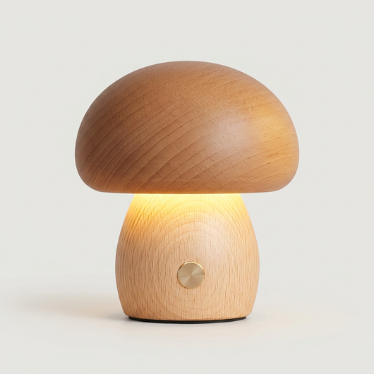 Timber Mushie small mushroom lamp shown lit with soft warm glow from the dome