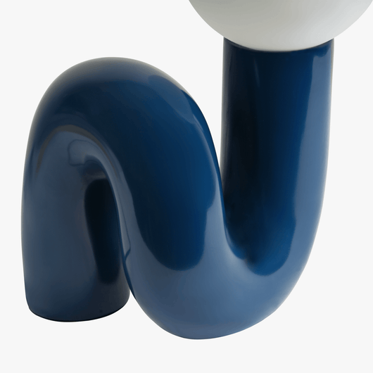 Aurelo Midnight Blue sculptural lamp base detail with curved metal stem