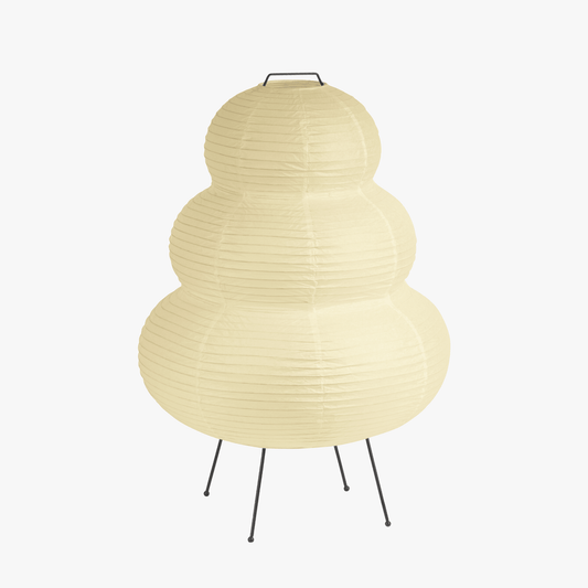 Aiko rice paper floor lamp with tiered hourglass shade on slim metal tripod