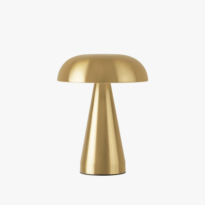 Aurelia cordless mushroom lamp in Brushed Gold with rounded dome and low rechargeable base