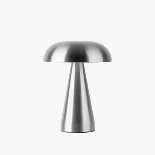 Aurelia cordless mushroom lamp in Brushed Silver with rounded dome and low rechargeable base