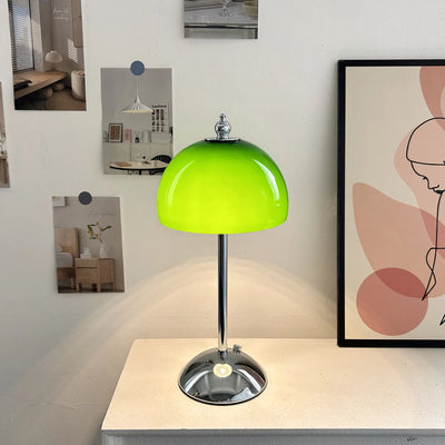 Lunara 1970s Space Age mushroom table lamp in glossy green with polished metal stem