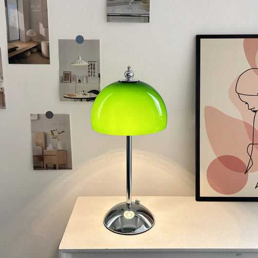 Lunara 1970s Space Age mushroom table lamp in glossy green with polished metal stem