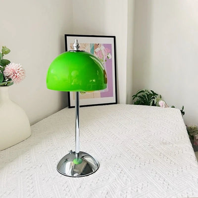 Lunara 1970s Space Age mushroom table lamp in glossy green with polished metal stem