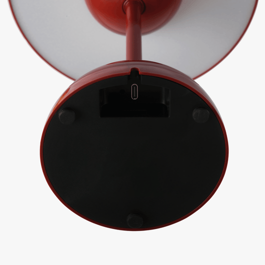 Milo Cherry Red mushroom lamp base detail with rechargeable battery housing