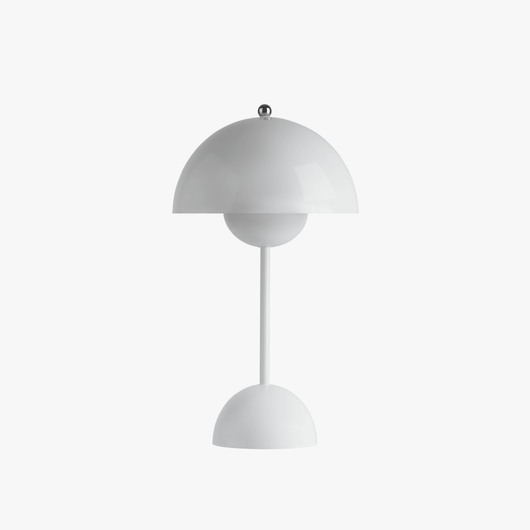 Milo cordless mushroom lamp in Cloud White with rounded dome shade and low rechargeable base