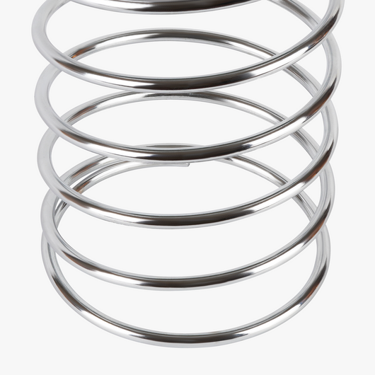 Lyra table lamp with frosted glass globe held by a coiled metal sculptural base