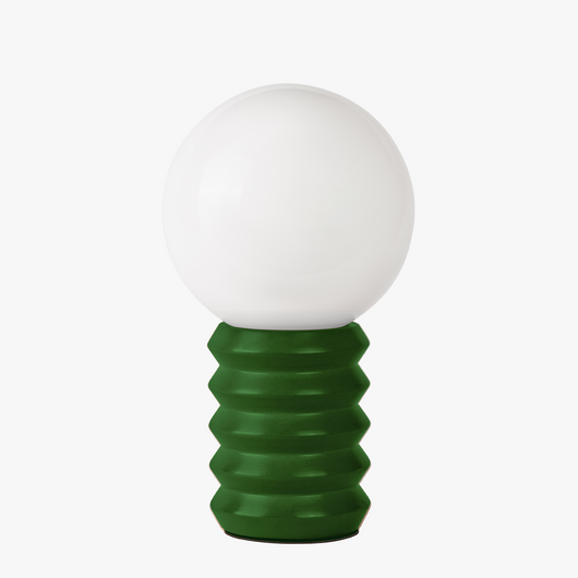 Maren glass globe table lamp with frosted shade on a sculpted wooden base