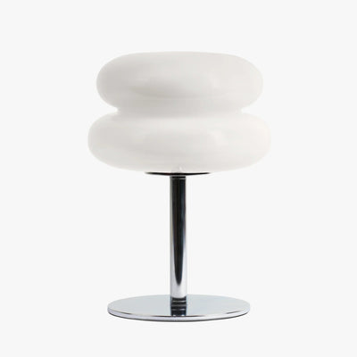 Verdon macaron table lamp in Opal White with three stacked stained glass discs on a chrome base