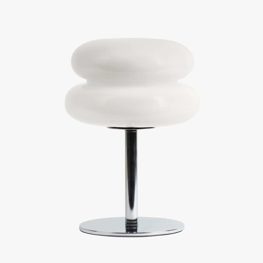 Verdon macaron table lamp in Opal White with three stacked stained glass discs on a chrome base