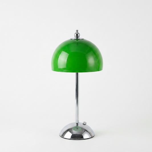 Lunara 1970s Space Age mushroom table lamp in glossy green with polished metal stem